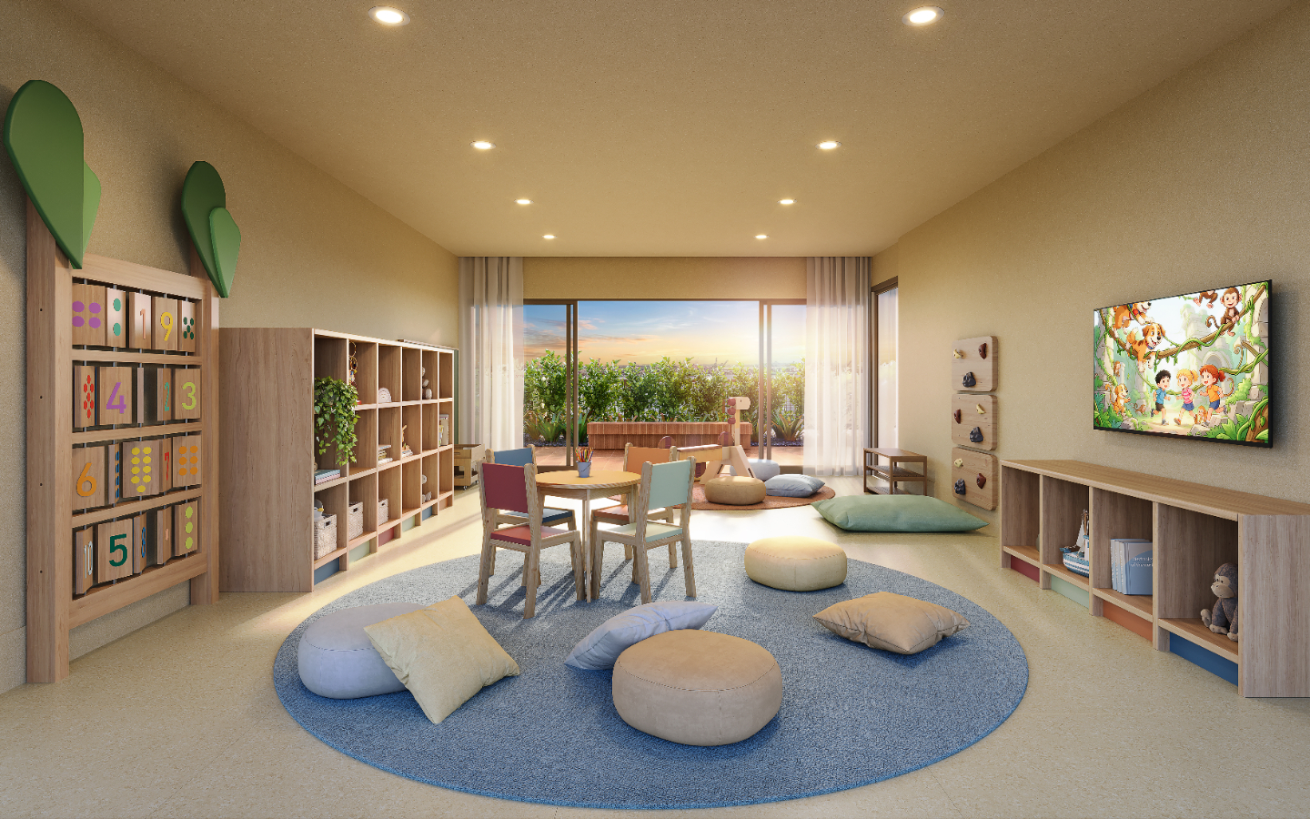 Espaço infantil com brinquedos, livros e acesso ao terraço
