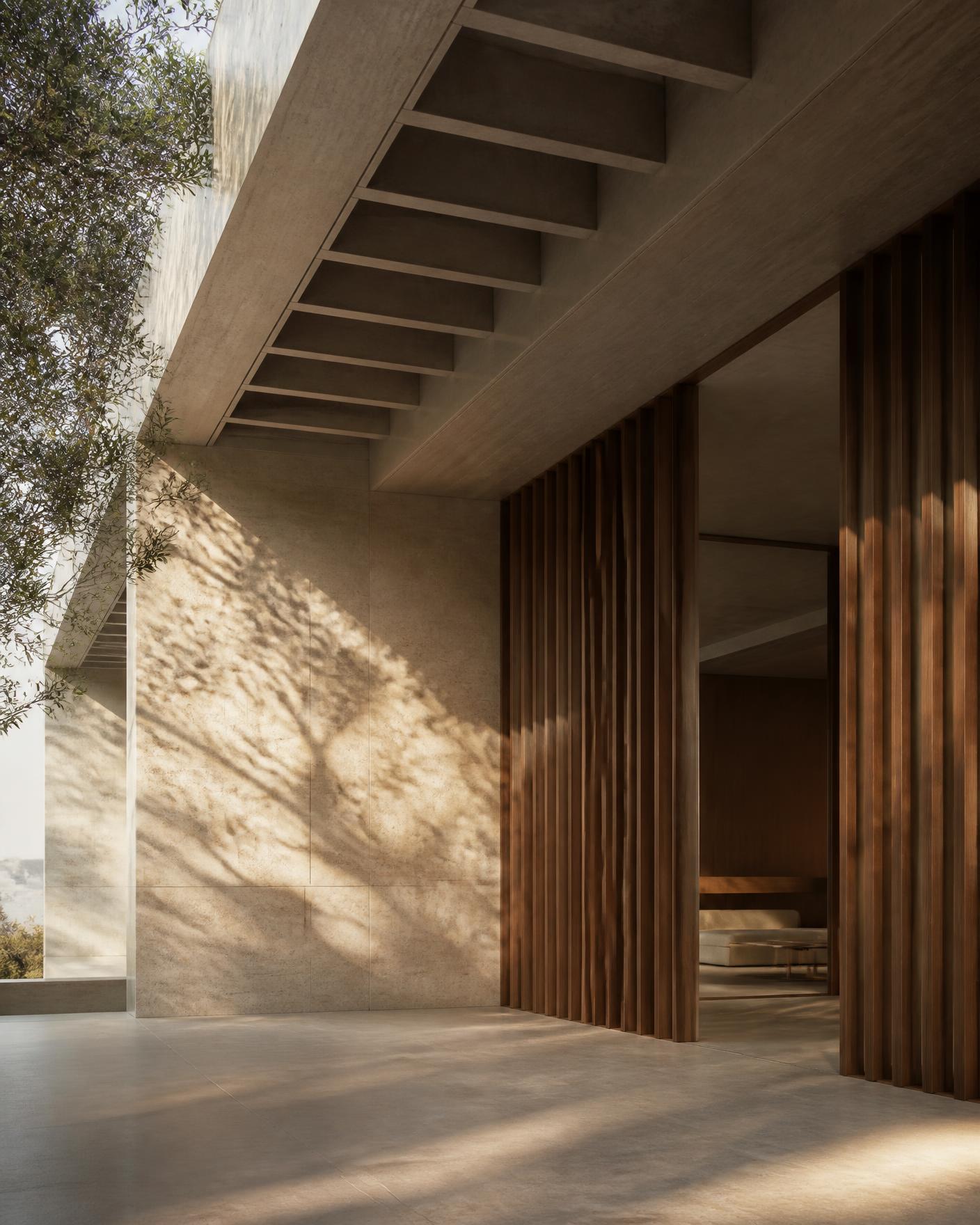 Detalhe de arquitetura contemporânea brasileira em pedra e madeira com luz natural
